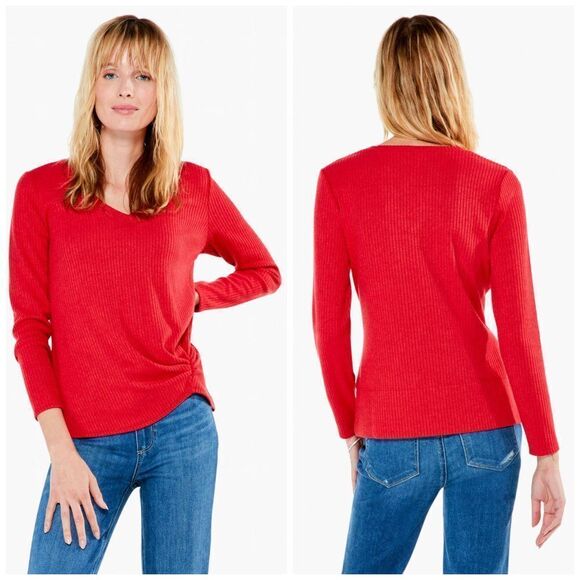 NIC+ZOE Cozy Long Sleeve Rib Knit Twist Top Pop Red Medium - Picture 3 of 12